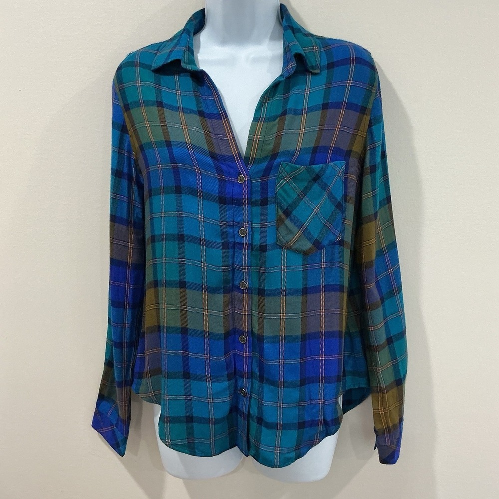 Cloth & Stone Shirt Womens XS Blue Plaid Flannel Button Long Sleeve Casual Top